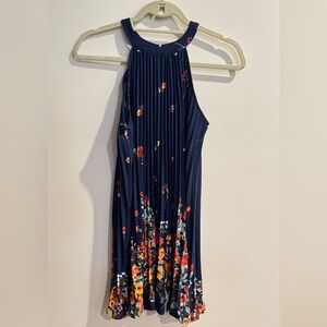 SOLY HUX Girl's Floral Print Halter Sleeveless Pleated Dress Navy Blue 12-13Y
